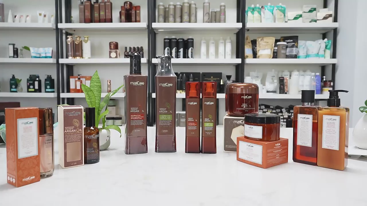 Load video: Maxcare Argan Oil Hair Care Collection featuring Shampoo, Conditioner, Hair Mask, and Morocco Color Protect Silky Hair Oil Serum. Nourish and protect your hair with the power of Argan Oil for silky, vibrant results.