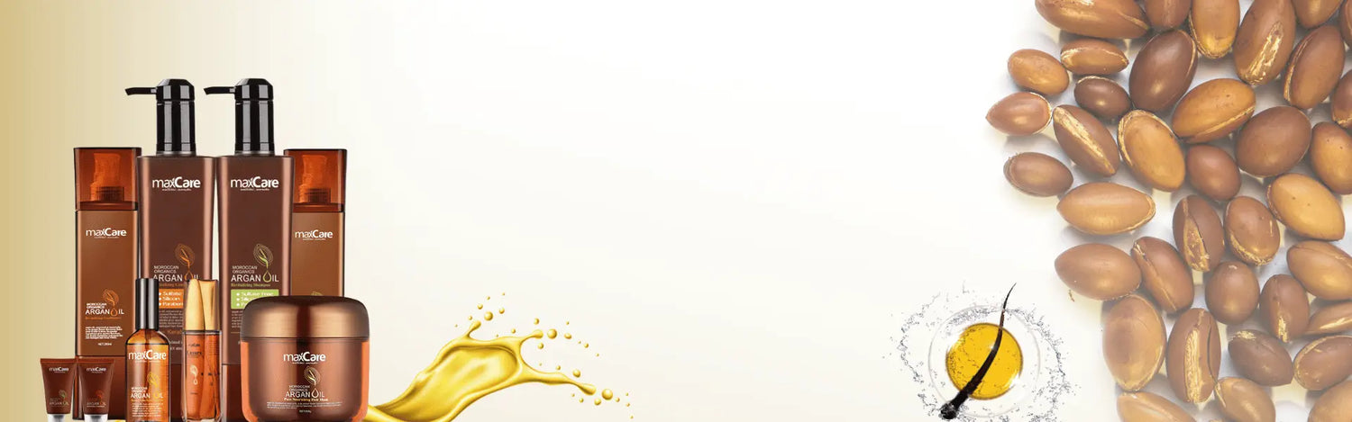 MaxCare Argan Oil hair care collection featuring argan oil shampoo, conditioner, mask, and treatment products with natural argan oil ingredients.
